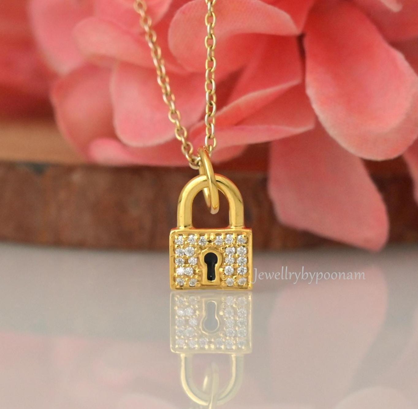 925 Sterling Silver Moissanite Love Lock Pendant – Designer Padlock Charm Jewellery - Jewelry By Poonam | SKU: PJP4952-SLYGMN