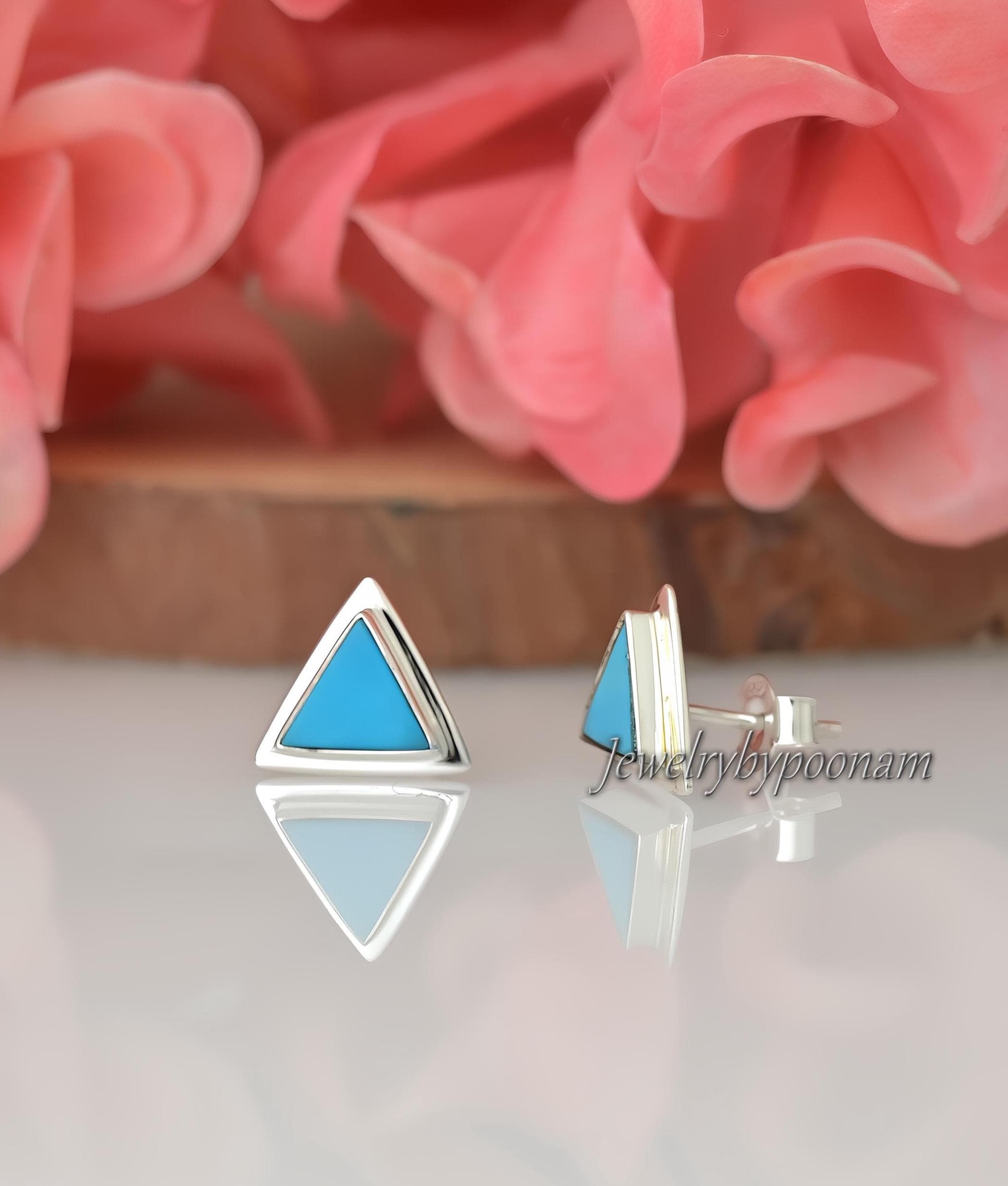 Sterling Silver Turquoise Triangle Stud Earrings: 10mm Gemstone Studs - Jewelry By Poonam | SKU: PJE1861-SLNSTQ-10M 2/2026