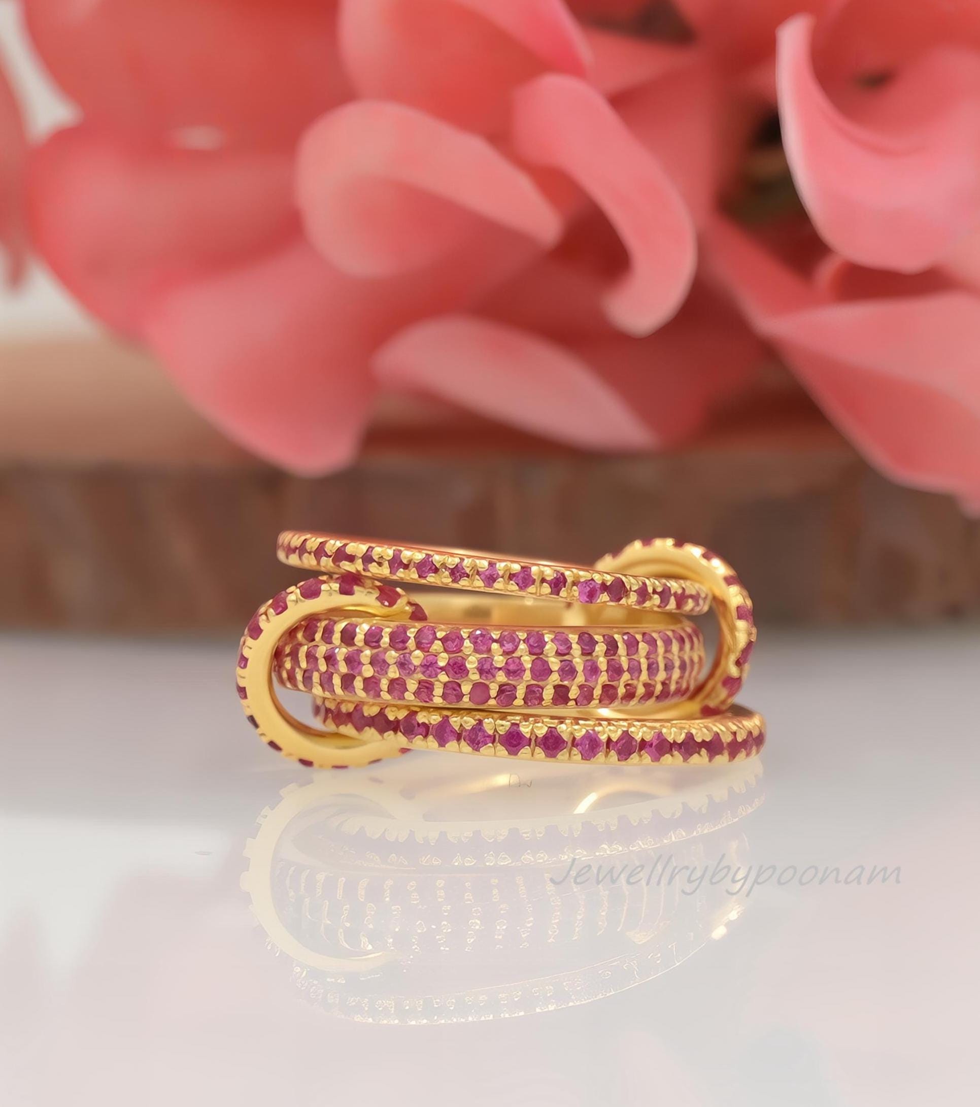 14K Gold Plated Multi-Link Ring: Sterling Silver Ruby Connector Band Ring - Jewelry By Poonam | SKU: PJR1038-SLYGCZ-US-8 2/26