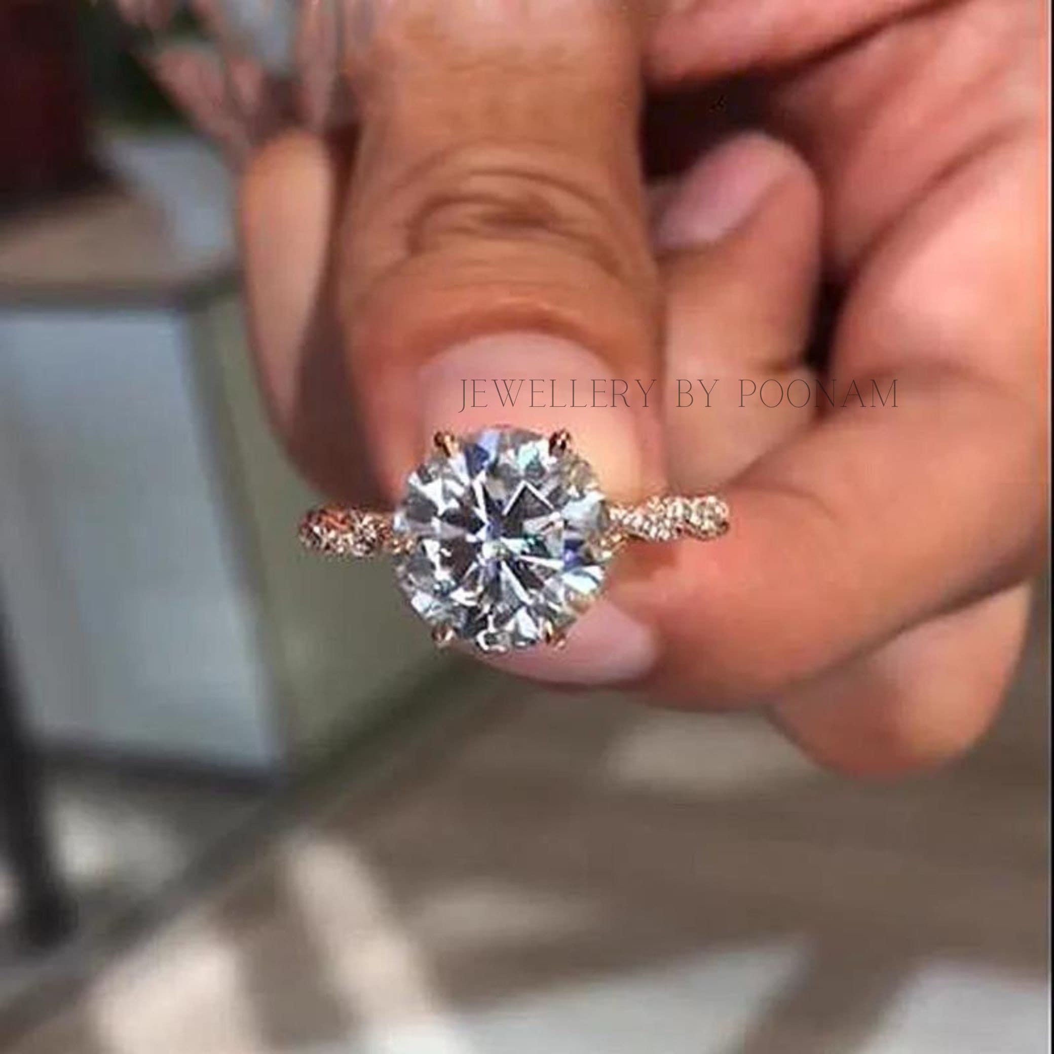 Rose Gold Twist Hidden Halo Round Cut Engagement Ring | Sterling Silver - Jewelry By Poonam | SKU: R-1188
