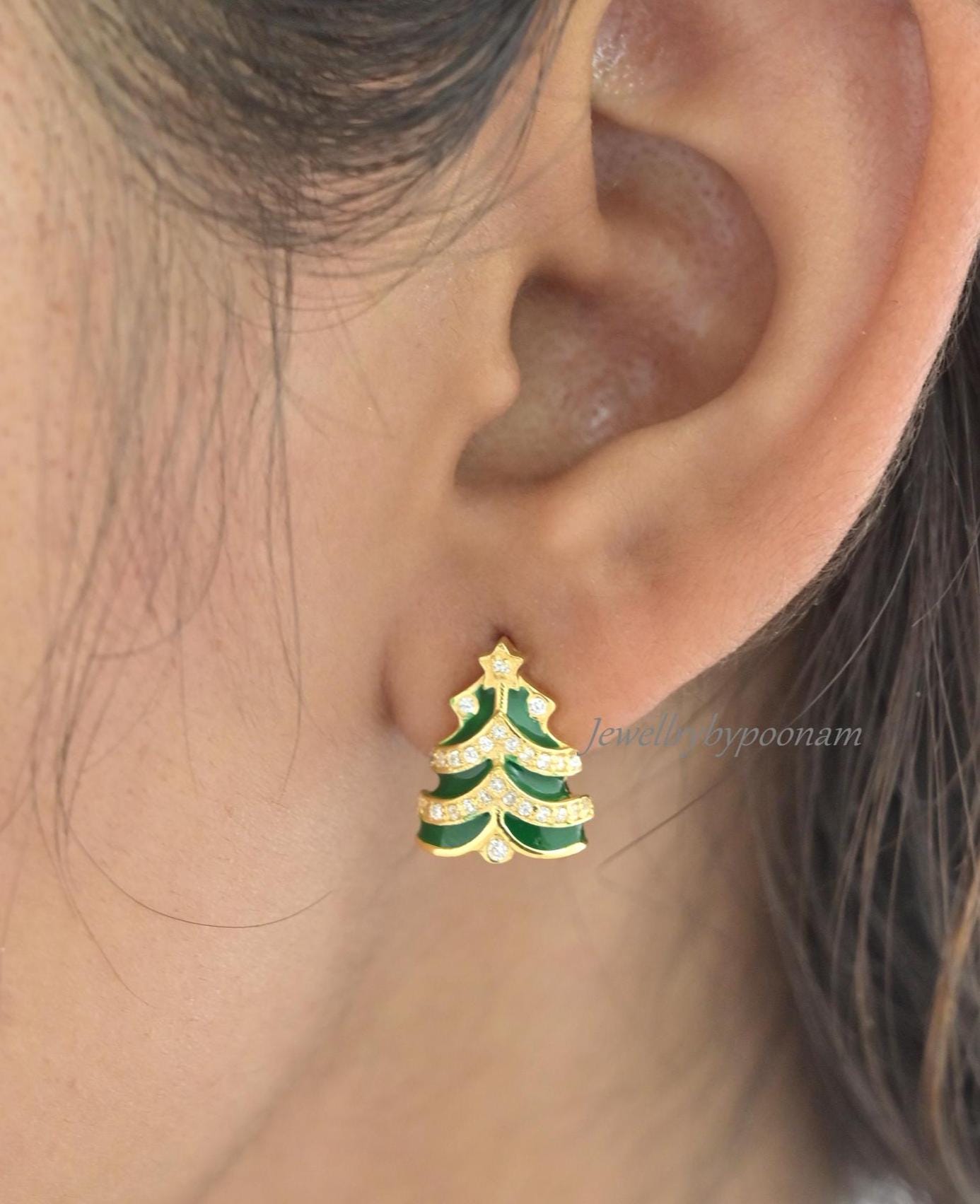 925 Silver Christmas Tree Earrings – Enamel CZ Studs, Festive Holiday Jewelry - View 2 - Jewelry By Poonam | SKU: PJE2004-SLY