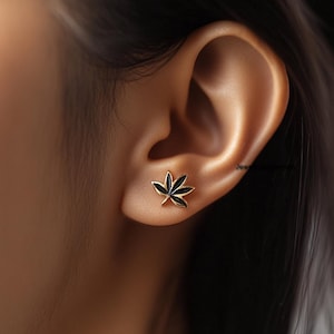 14k Gold Dainty Black Weed leaf stud, Tiny Black Weed Leaf Earrings, Marijuana Studs, Gold Cannabis Leaf Studs, Weed Studs, Pot Leaf Earring