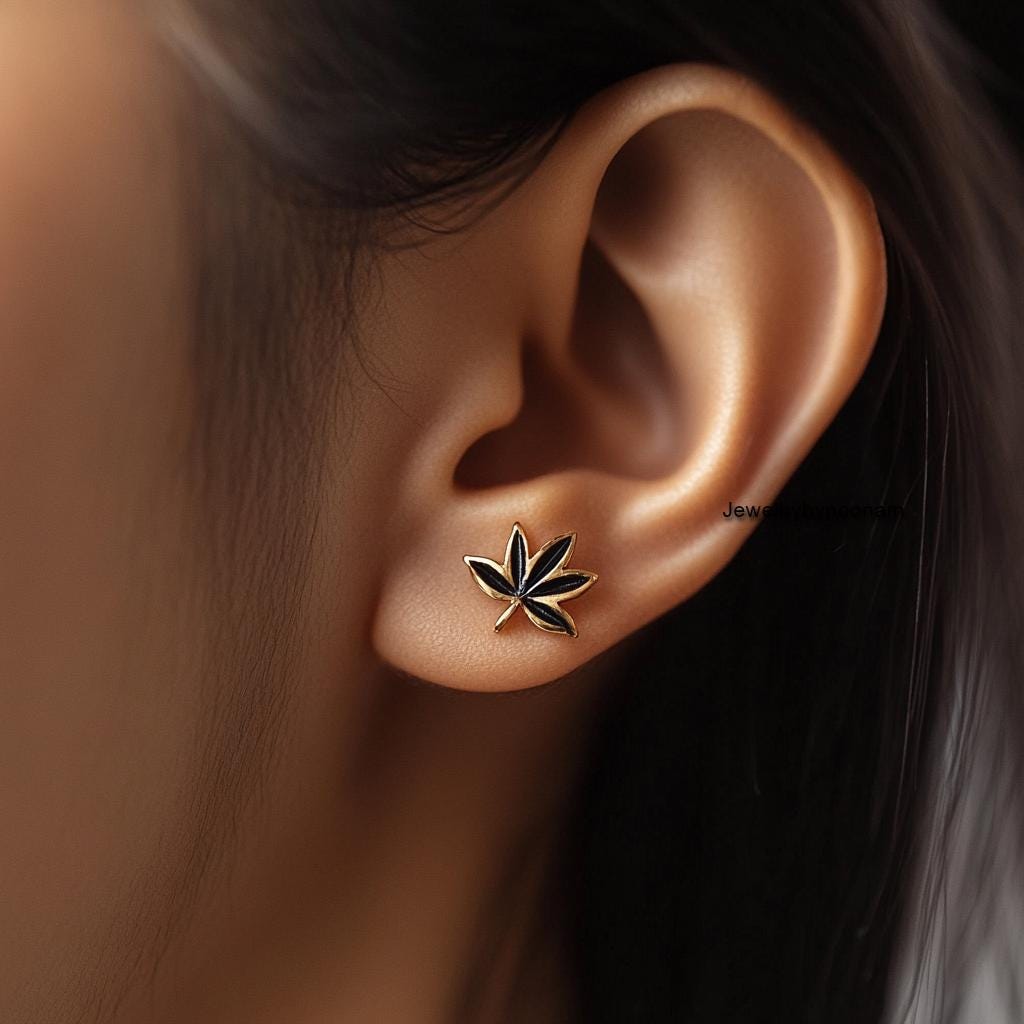 925 Sterling Silver Dainty Black Weed Leaf Stud Earrings — Tiny Marijuana Jewelry - Jewelry By Poonam | SKU: PJE-