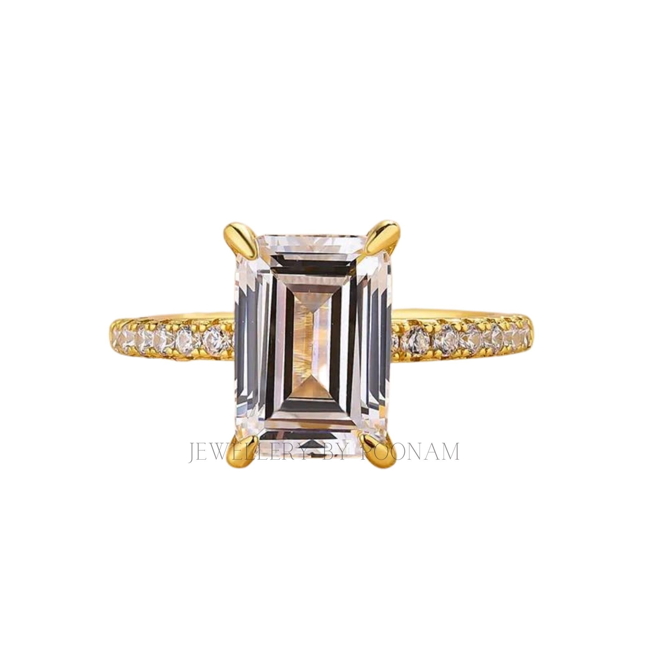 Yellow Gold Emerald Cut Moissanite 3PC Wedding Set - Sterling Silver Bridal Jewelry - View 2 - Jewelry By Poonam | SKU: R-120