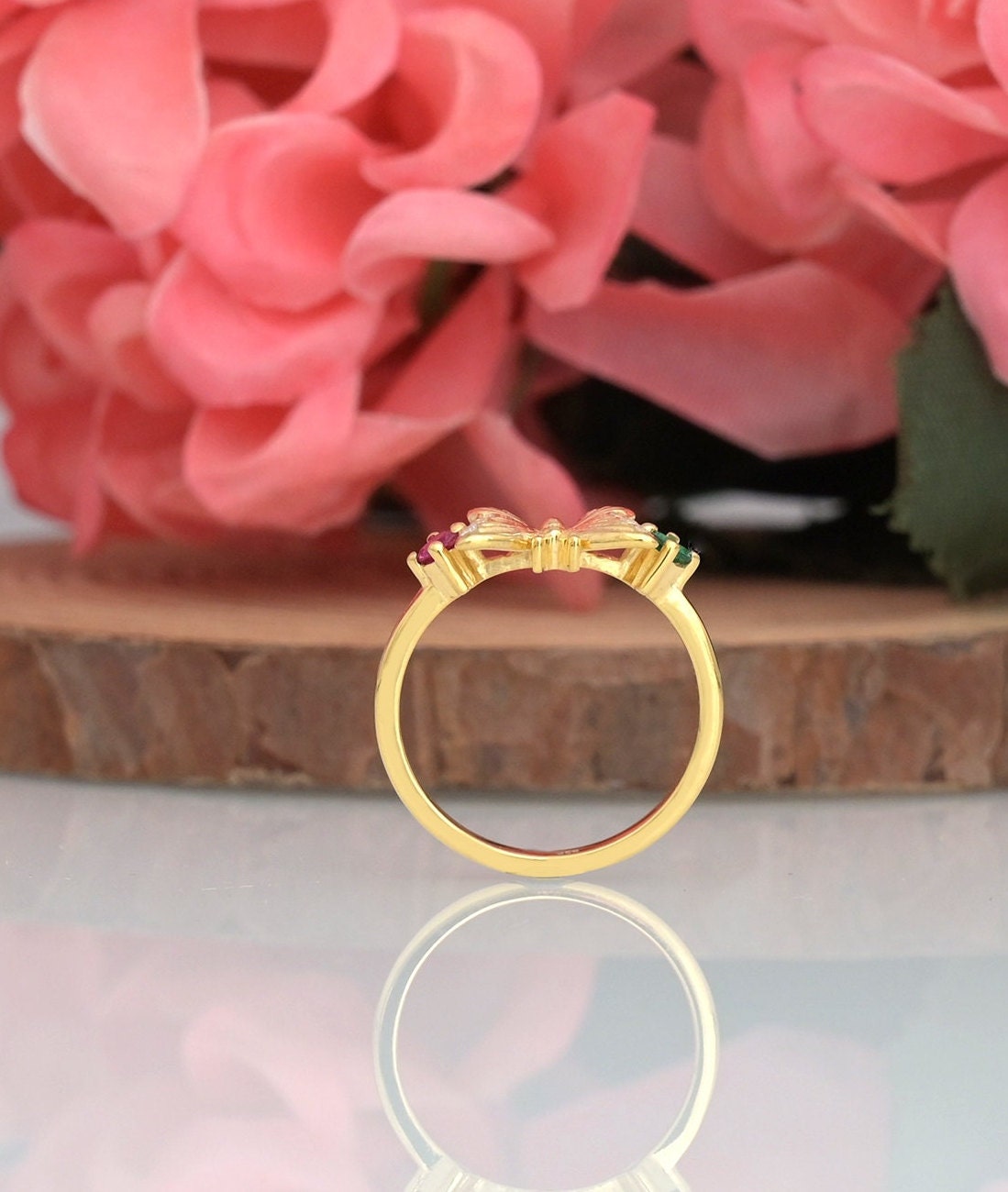 14k Gold Plated Butterfly Ring: Emerald, Ruby & CZ Sterling Silver - View 3 - Jewelry By Poonam | SKU: PJR2682-SLYGCZEMRU-US-