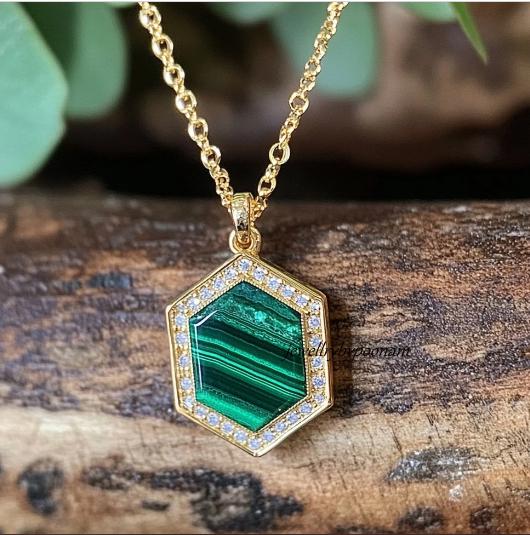 14k Gold-Plated Malachite Hexagon Pendant: Sterling Silver Charm - View 2 - Jewelry By Poonam | SKU: PJP-