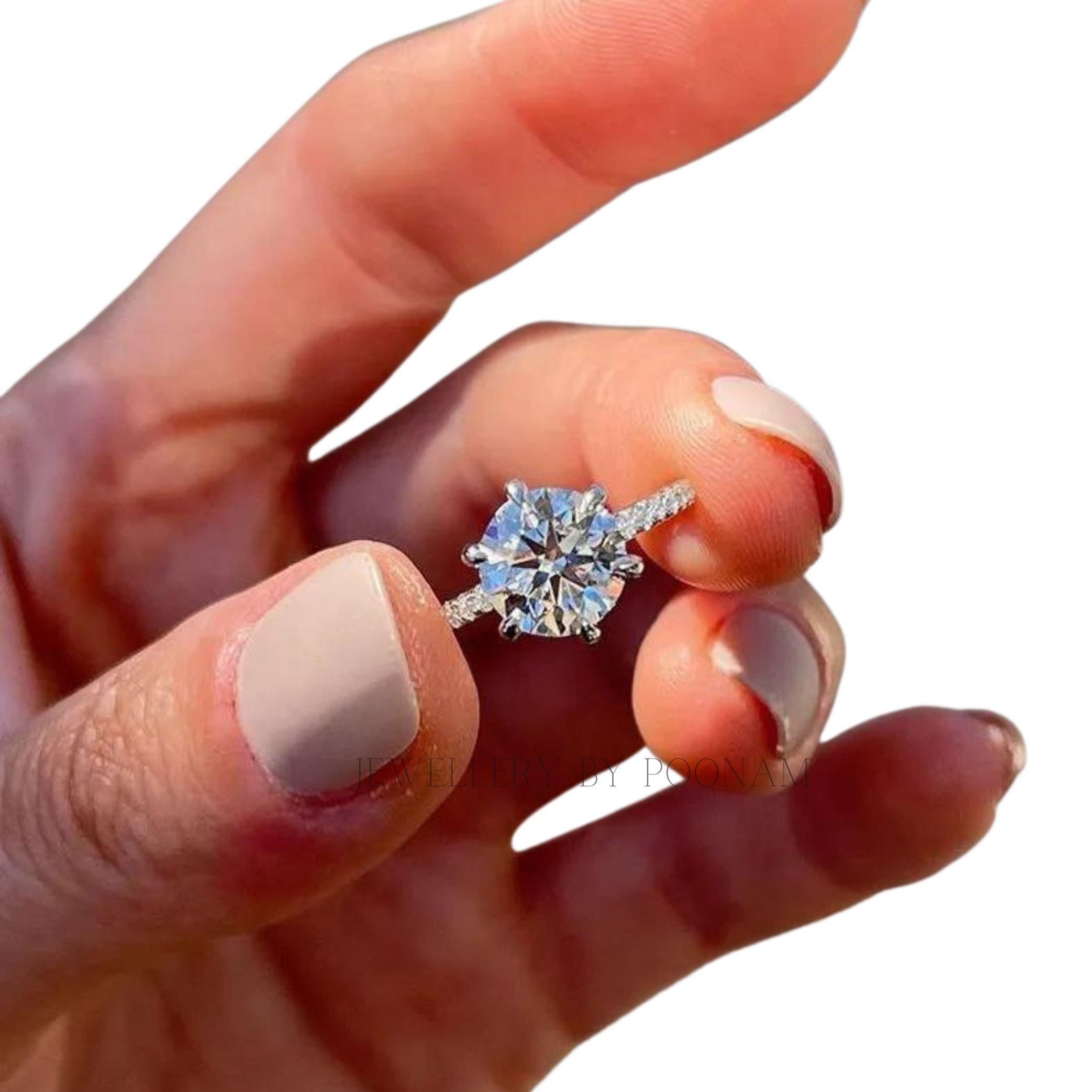 Classic 6 Prong Round Cut Simulated Diamonds Engagement Ring in Sterling Silver - View 2 - Jewelry By Poonam | SKU: R-1187