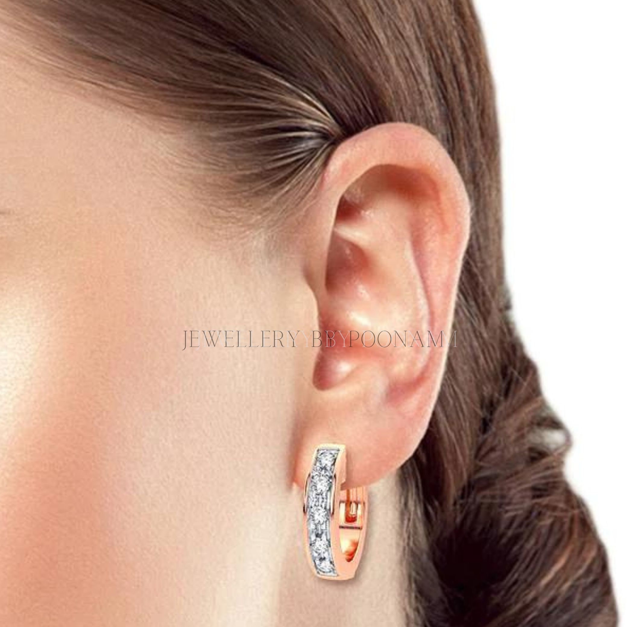 9k/14k & 925 Sterling Silver Moissanite/CZ Rose Gold Huggie Hoop Earrings - View 3 - Jewelry By Poonam | SKU: E-126