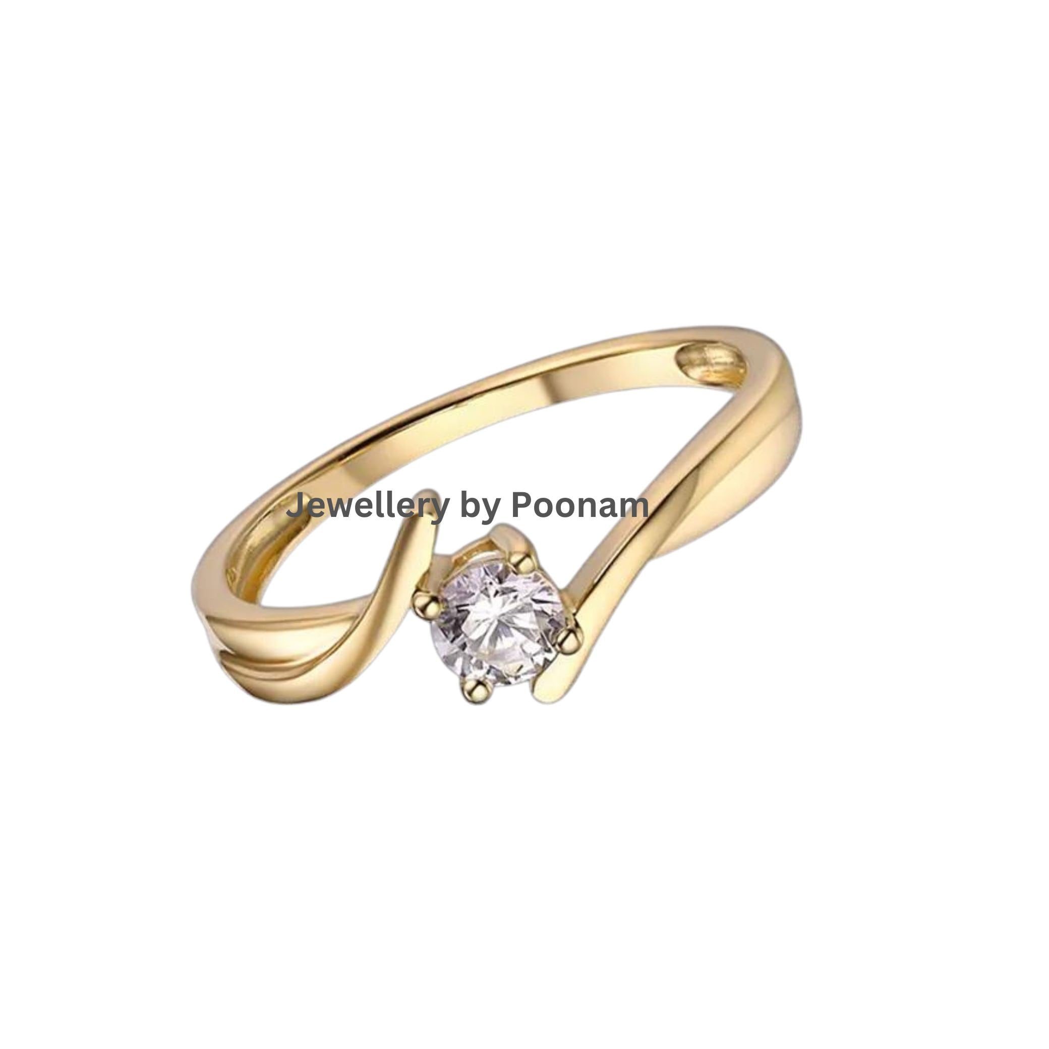 Light 925 Plated Gold Zirconia Diamond Classic Engagement Wedding Ring Women - View 2 - Jewelry By Poonam | SKU: R-1047