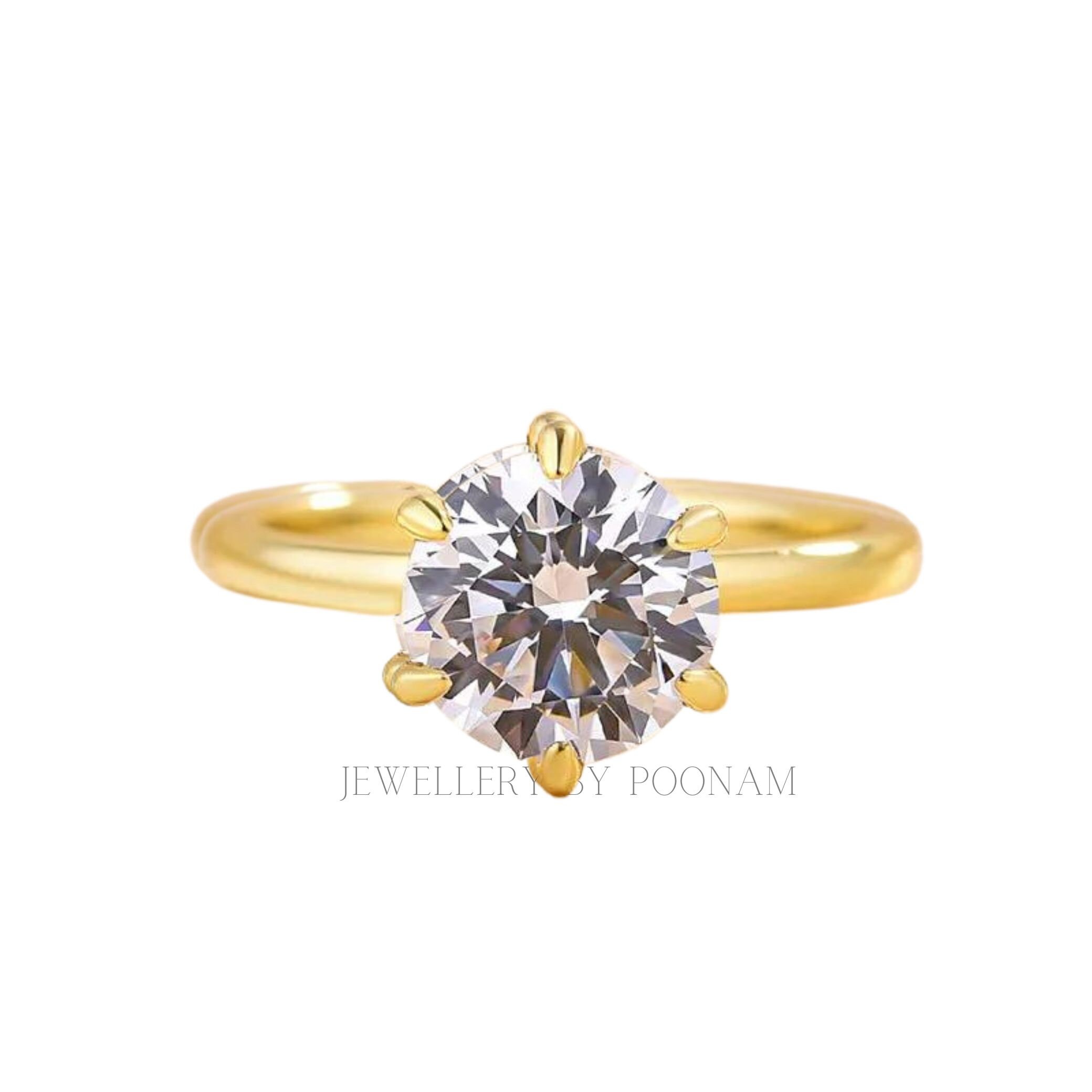 925 Silver Round Cut Solitaire Ring – Yellow Gold Plated Classic Engagement Ring for Women - View 5 - Jewelry By Poonam | SKU