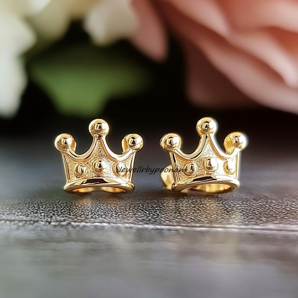925 Sterling Silver Crown Stud Earrings: Princess Tiara Jewelry - Jewelry By Poonam | SKU: PJE1758-SLYG-10M