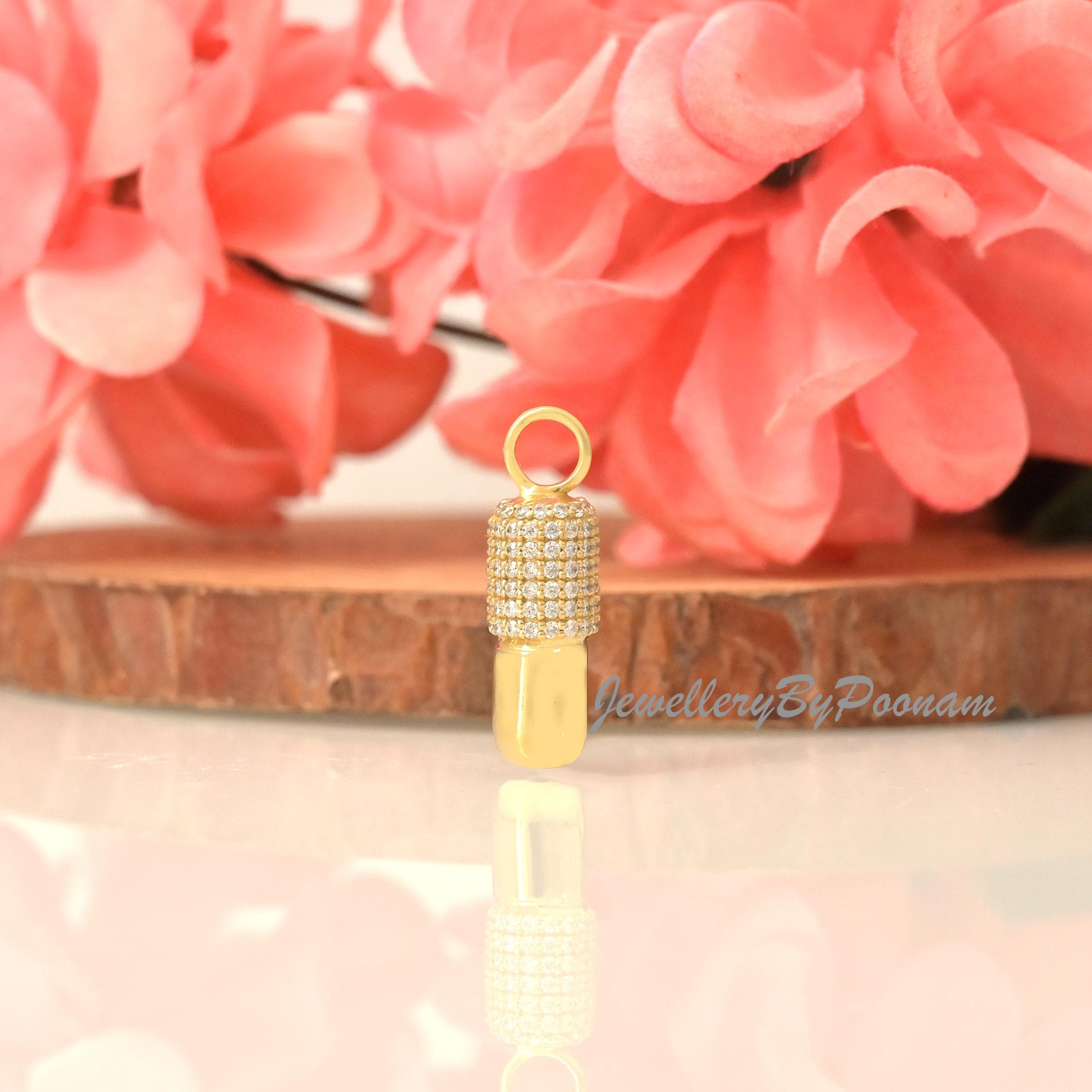 14K Gold Pill Charm Pendant: Moissanite Diamond Capsule Jewelry (25x7 MM) - Jewelry By Poonam | SKU: MJP5263-SLYGMN-25M 2/26