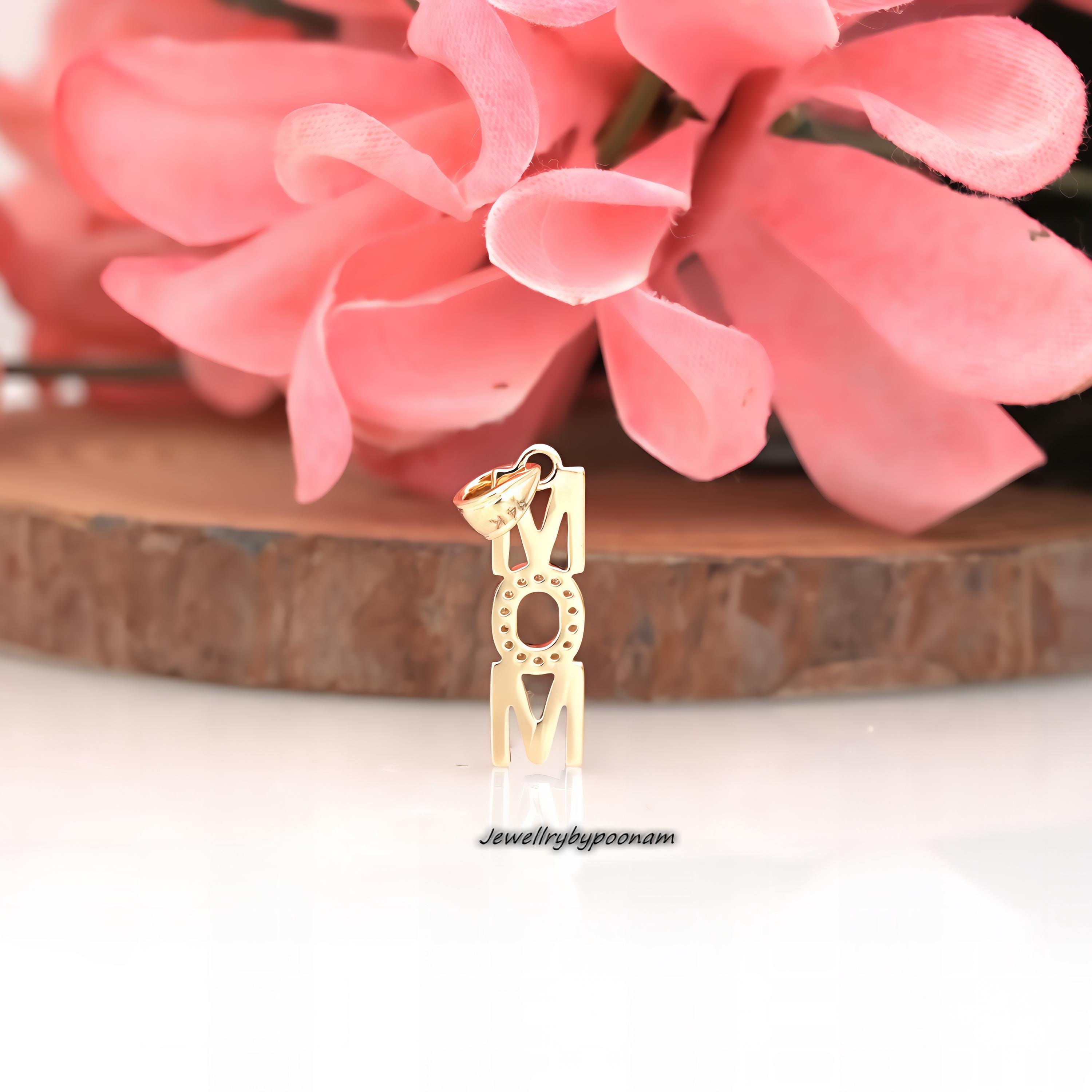 14k Solid Gold MOM Pendant: Moissanite Diamond, Handmade Charm - View 2 - Jewelry By Poonam | SKU: PJP--4251-14kYGMN-25M 2/26