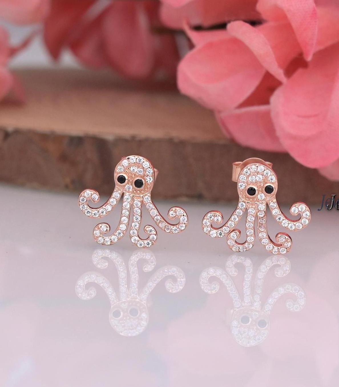 9k/14k Gold & 925 Sterling Silver Octopus Stud Earrings With CZ Black Spinel Eyes - Jewelry By Poonam | SKU: PJE1720-SLRGCZBS