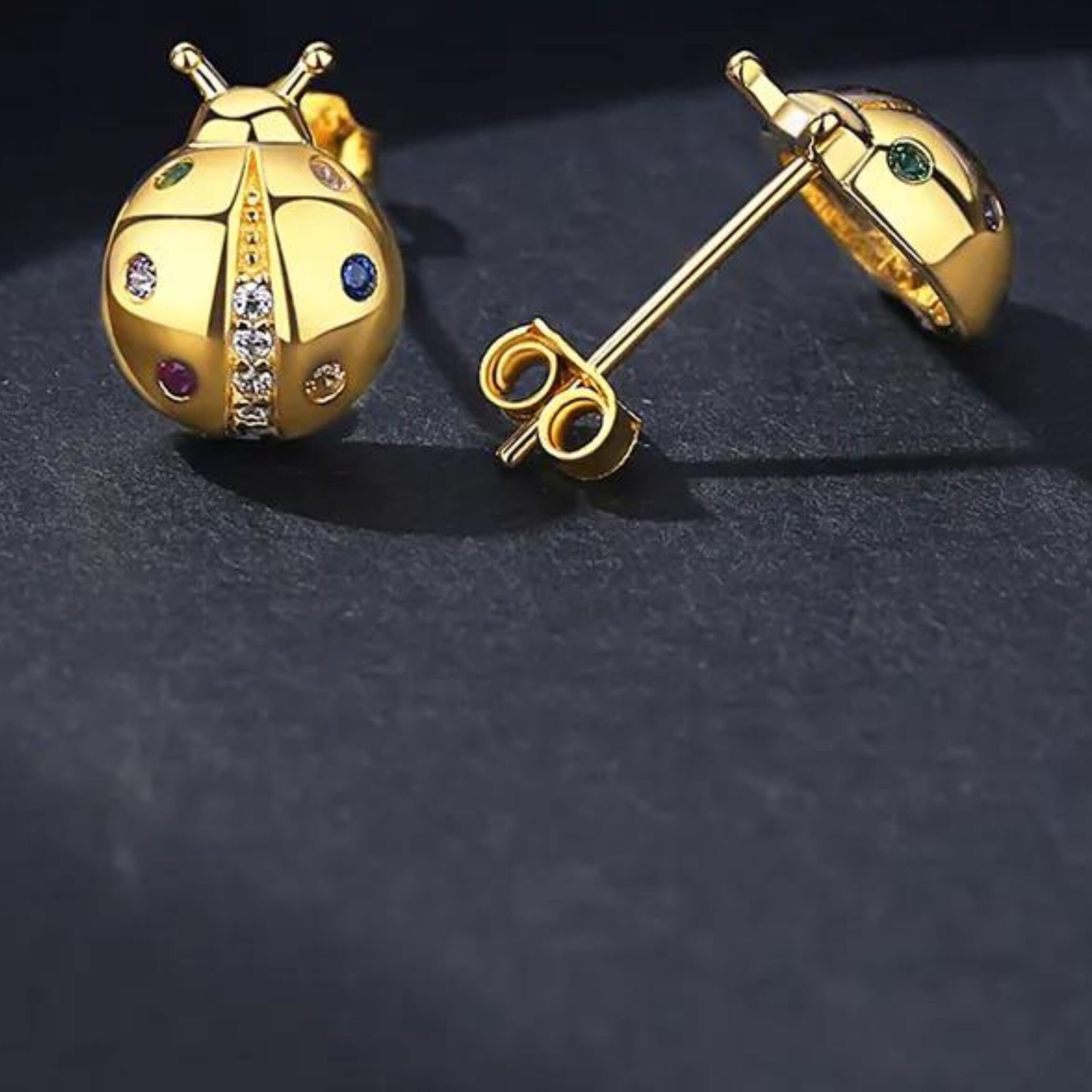 Ladybug Stud Earrings β 9K/14K Gold, Sterling Silver, Multi-Color CZ Animal Jewelry - View 4 - Jewelry By Poonam | SKU: MJE25