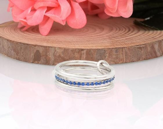 Sterling Silver Blue Sapphire Multi Band Ring, Linked Stacking Rings - View 2 - Jewelry By Poonam | SKU: PJR15- 2/26