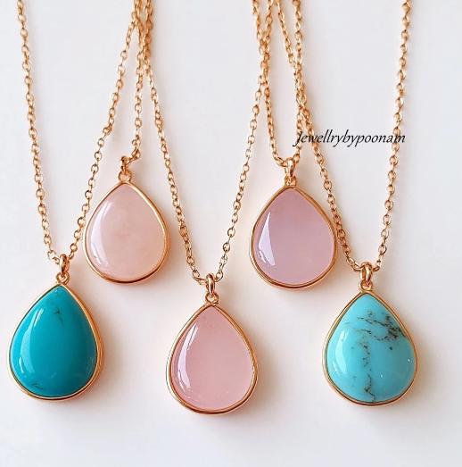 Sterling Silver Teardrop Pendant: Turquoise or Pink Opal, 20MM - View 2 - Jewelry By Poonam | SKU: PJP-