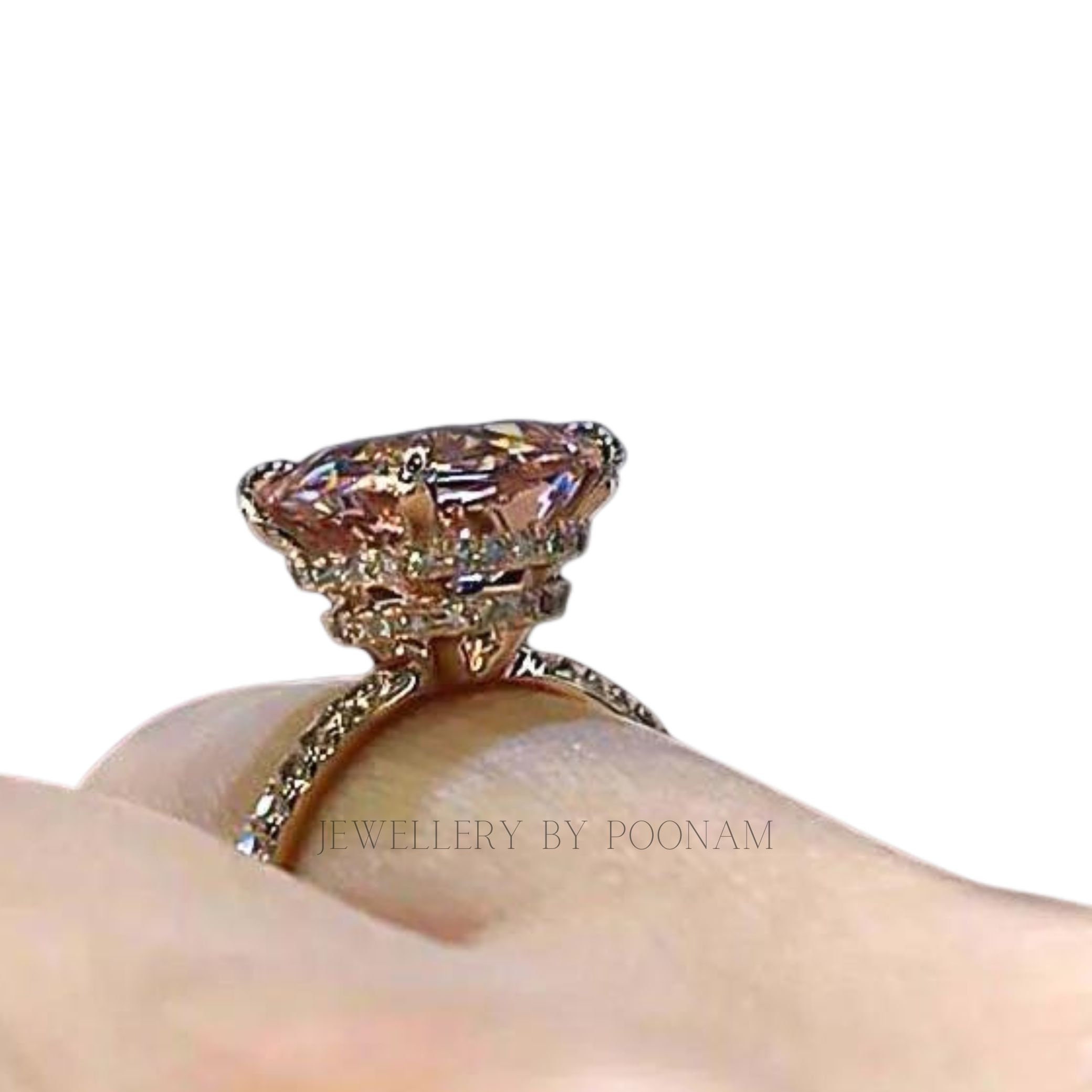 Pink Cushion Cut CZ Ring: Sterling Silver Hidden Halo Engagement Ring - View 3 - Jewelry By Poonam | SKU: R-1162