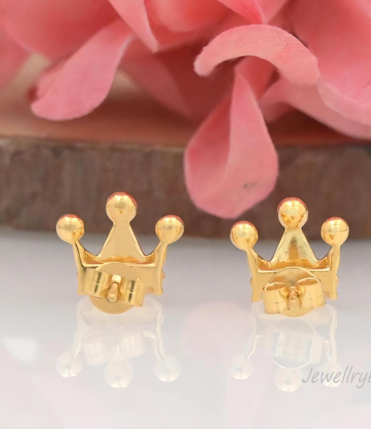 925 Sterling Silver Crown Stud Earrings: Princess Tiara Jewelry - View 5 - Jewelry By Poonam | SKU: PJE1758-SLYG-10M