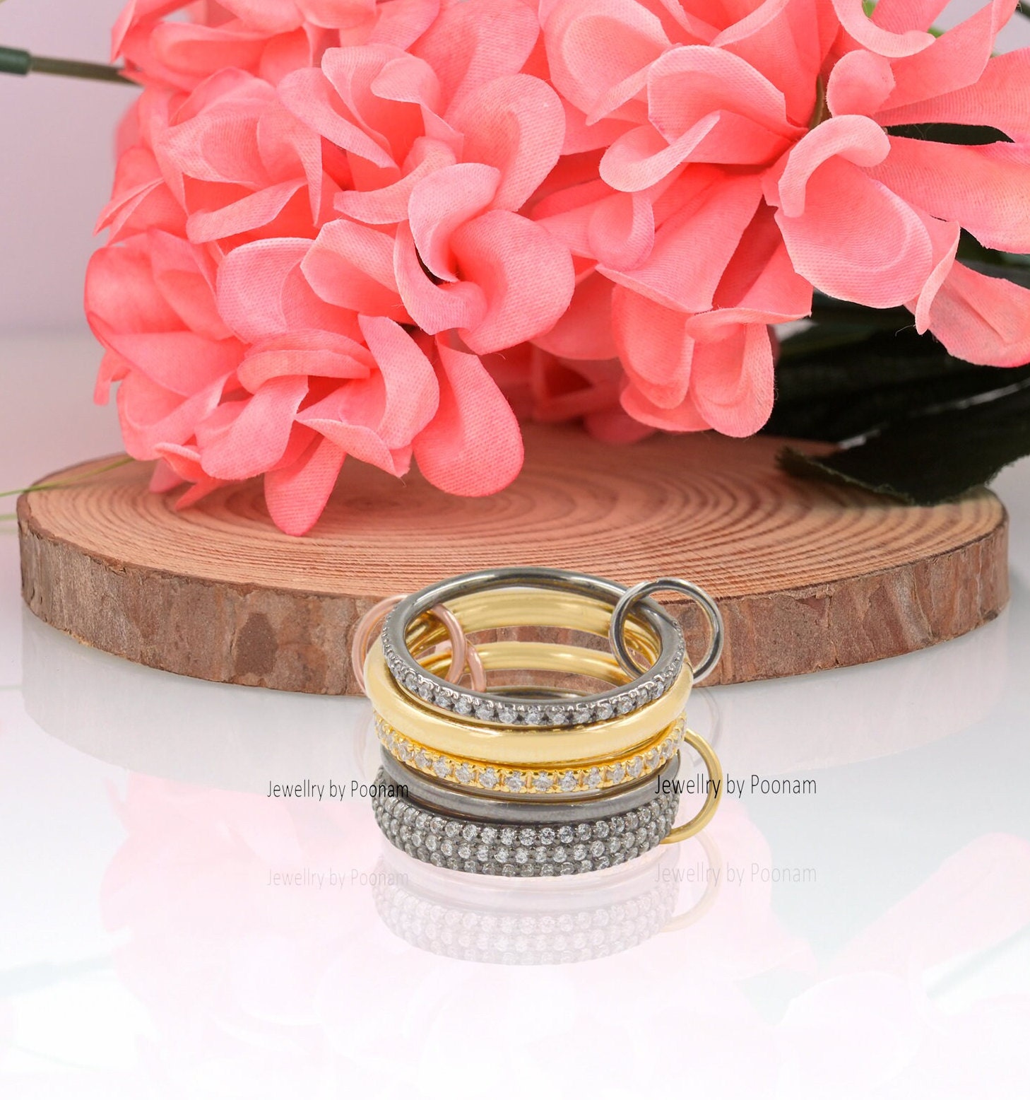 925 Silver Diamond Multi-Band Connector Ring Set, Stacking Fashion Accessory - Jewelry By Poonam | SKU: PJR924- 2/2026