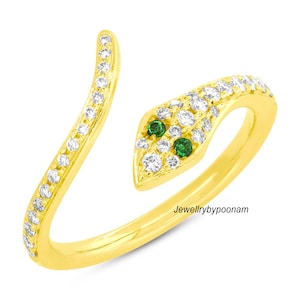 Emerald Diamond Snake Ring: 925 Sterling Silver, 14k Gold