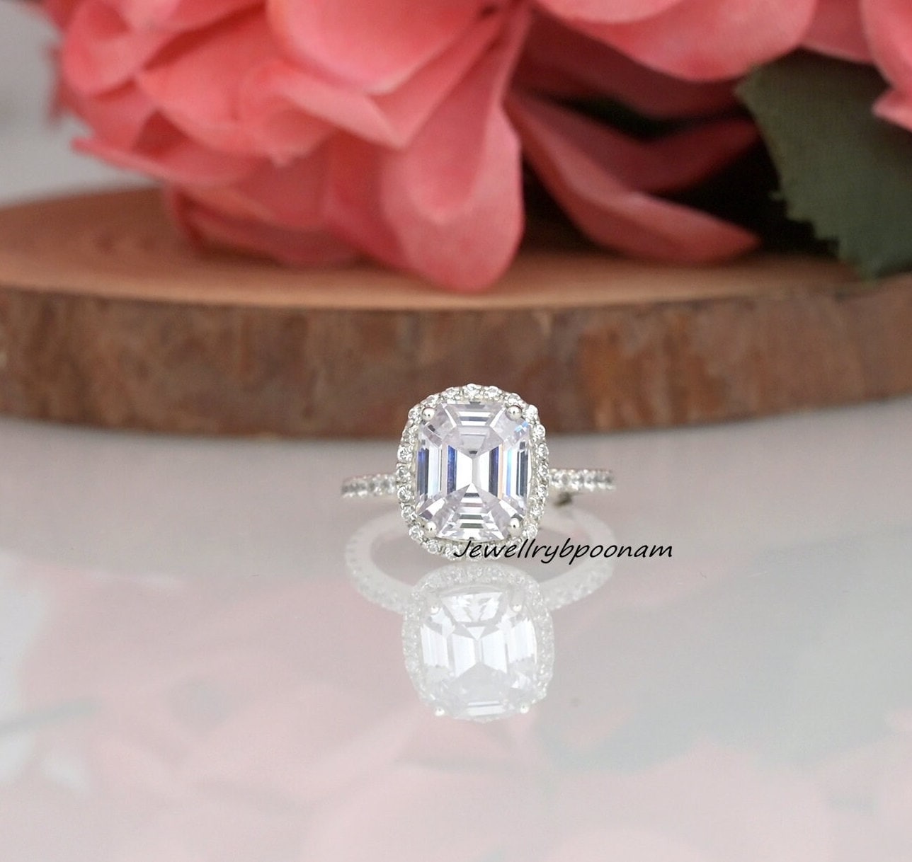 Halo Cushion Cut Sona Simulated Diamond Engagement Ring in Sterling Silver - Affordable Luxury - Jewelry By Poonam | SKU: PJP