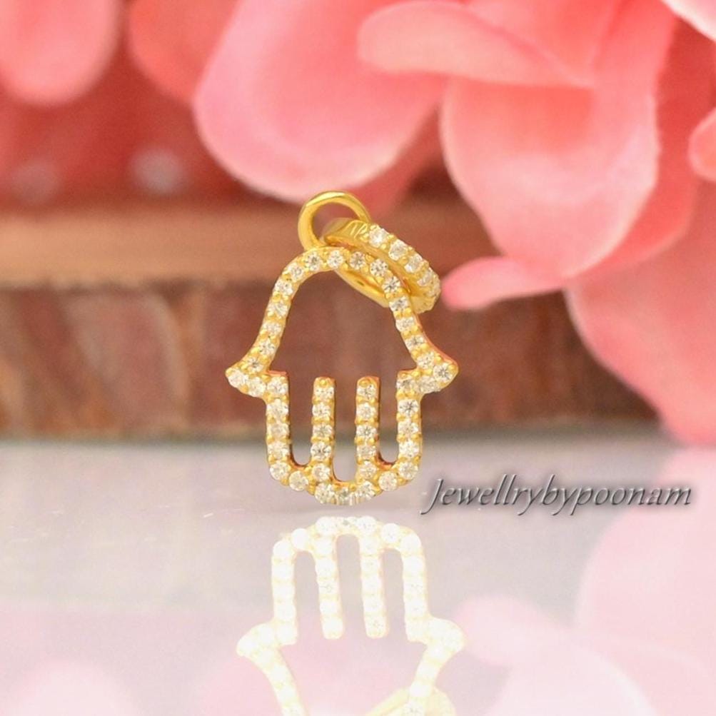 14k Gold Plated Hamsa Pendant: Moissanite Diamond Charm, Mini Gold Hand - Jewelry By Poonam | SKU: PJP6131-SLYGMN-22M 2/26