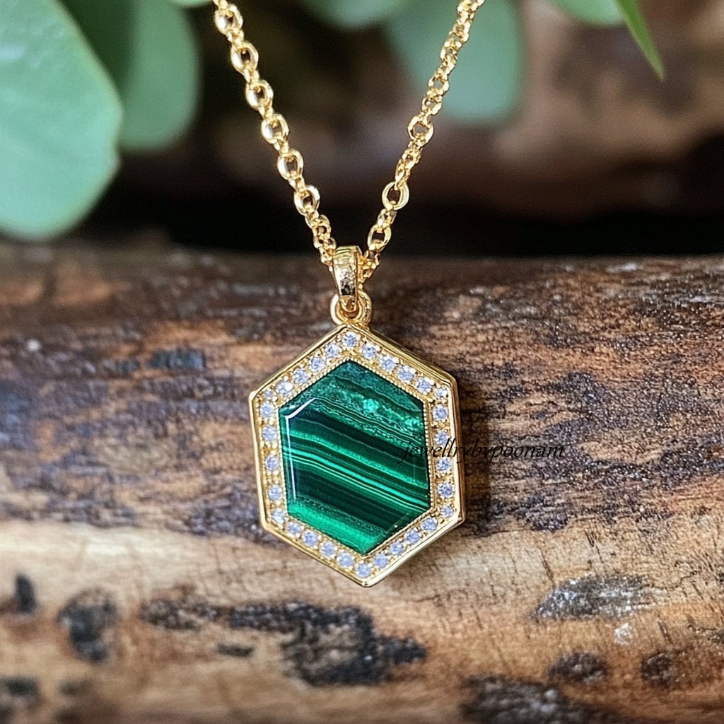 14k Gold-Plated Malachite Hexagon Pendant: Sterling Silver Charm - Jewelry By Poonam | SKU: PJP-