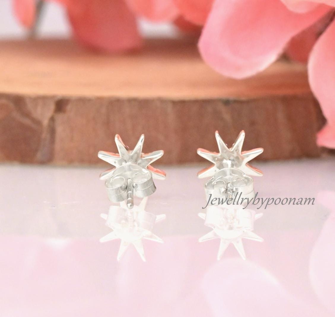 925 Sterling Silver Moissanite Star Stud Earrings: Dainty Silver Starburst - View 6 - Jewelry By Poonam | SKU: PJE2024-SLYGCZ