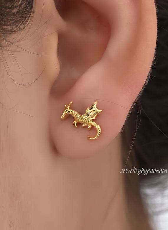 Boucle D'oreille Ancienne En Argent 925 - Style Art Nouveau, Motif Chimère/dragon