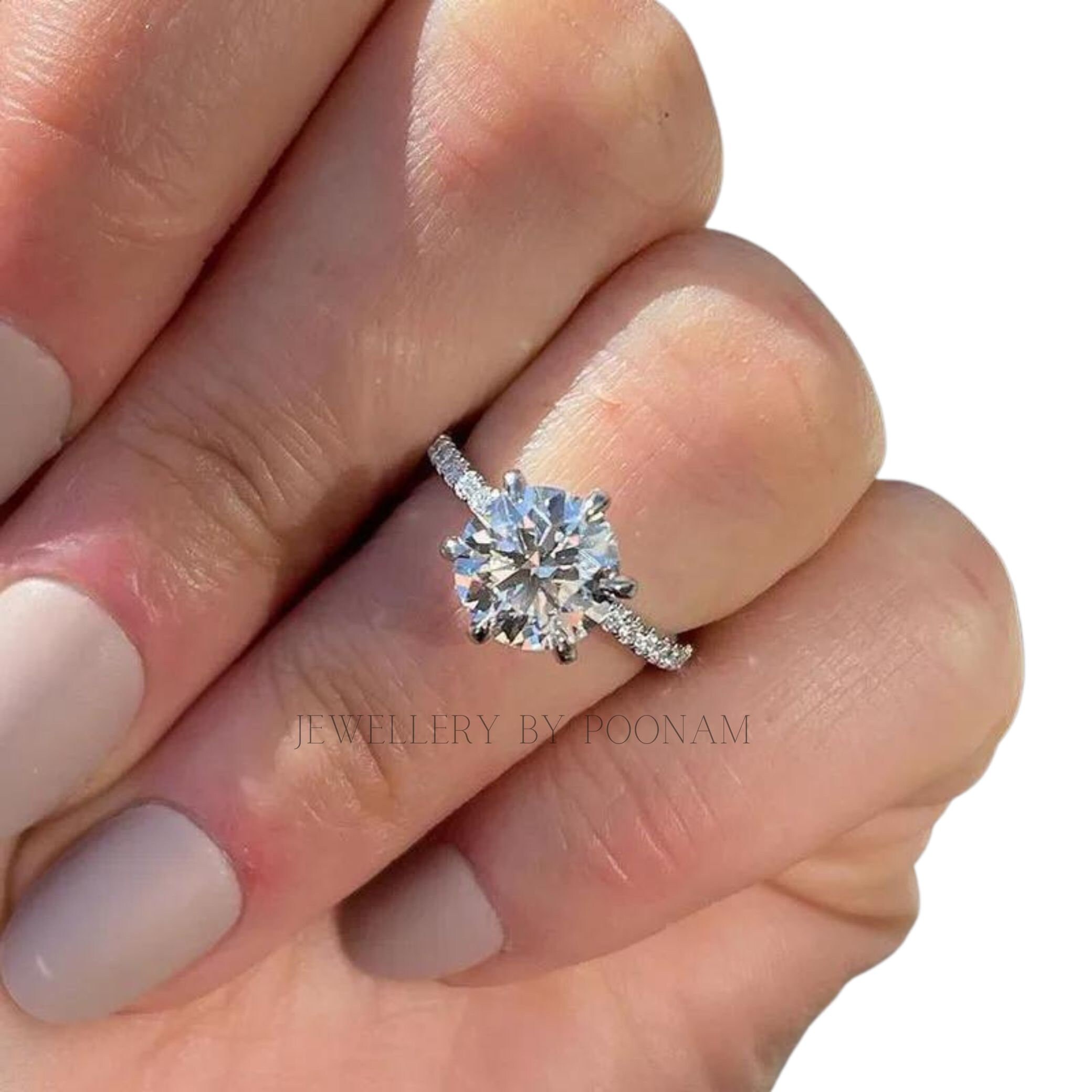 Classic 6 Prong Round Cut Simulated Diamonds Engagement Ring in Sterling Silver - View 3 - Jewelry By Poonam | SKU: R-1187