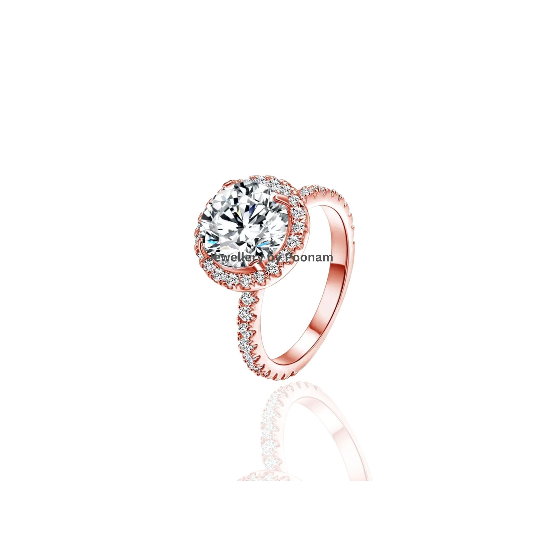 Victorian Halo Moissanite Engagement Ring: 14k Rose Gold Art Deco Ring - View 2 - Jewelry By Poonam | SKU: R-1021
