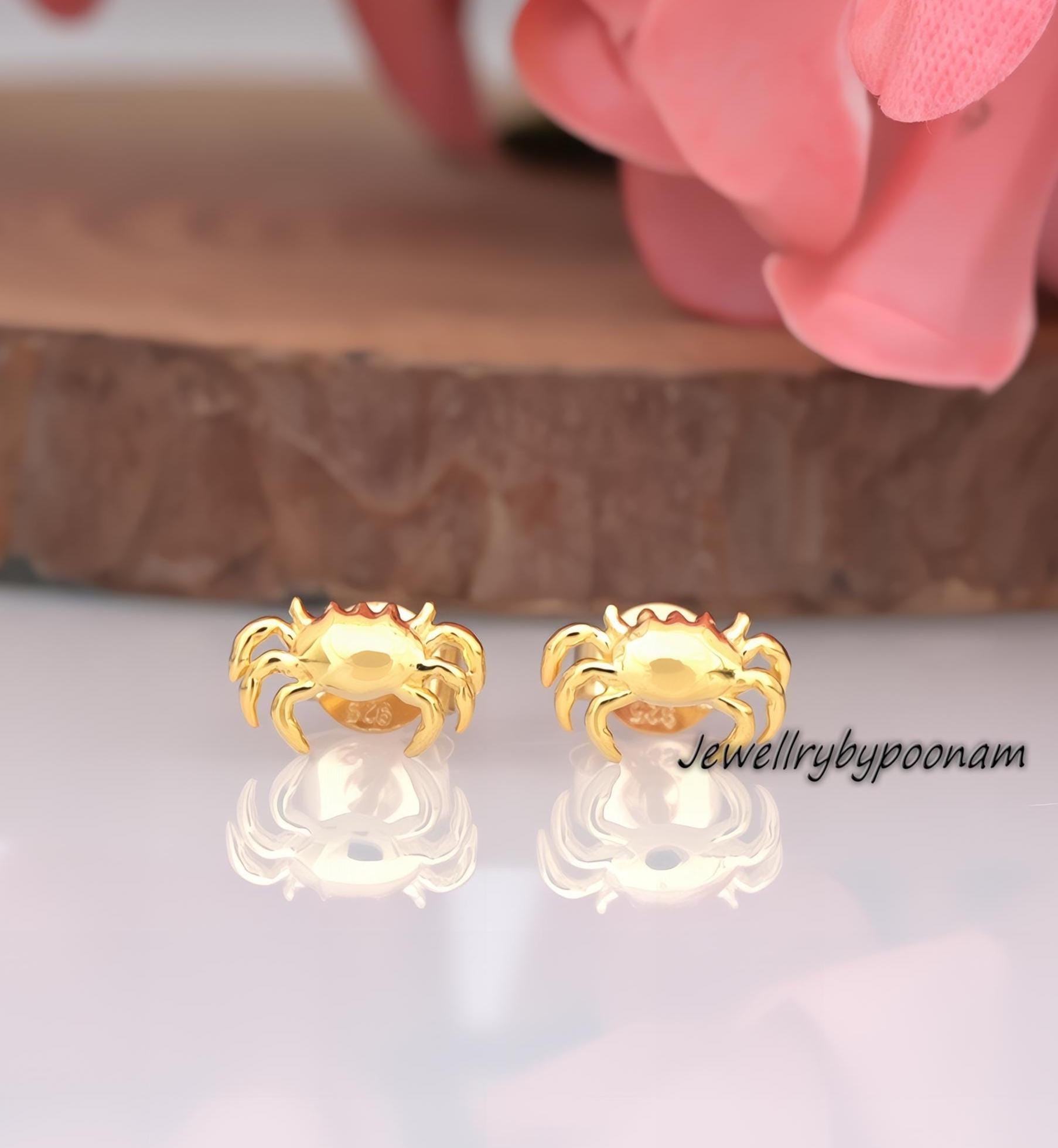 Crab Stud Earrings – 9K/14K Gold or Sterling Silver, Dainty Nature Jewelry - Jewelry By Poonam | SKU: PJE1689-SLYG-10M 2/26