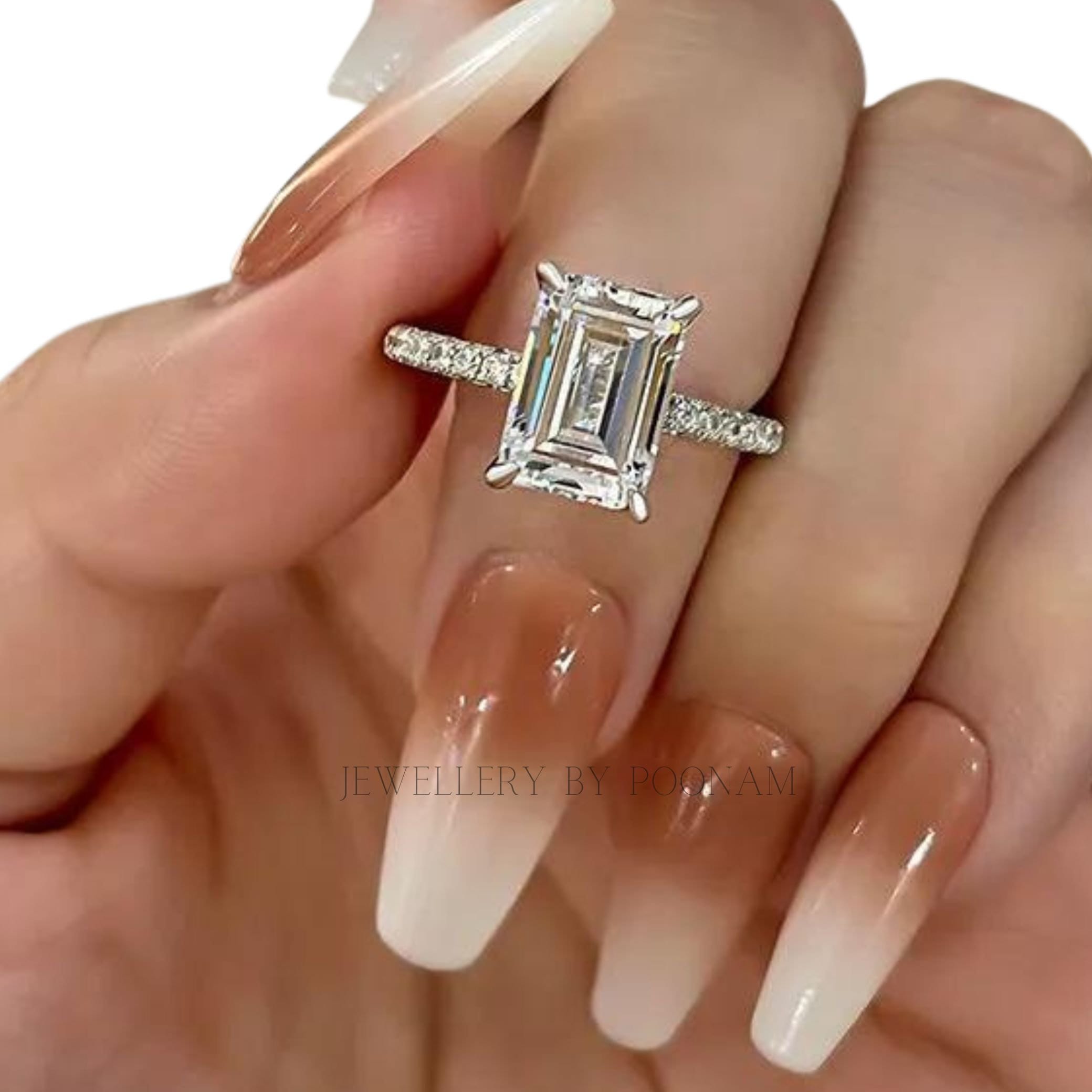 925 Sterling Silver Emerald Cut CZ Engagement Ring – Luxury Bridal Wedding Ring for Women - View 6 - Jewelry By Poonam | SKU: