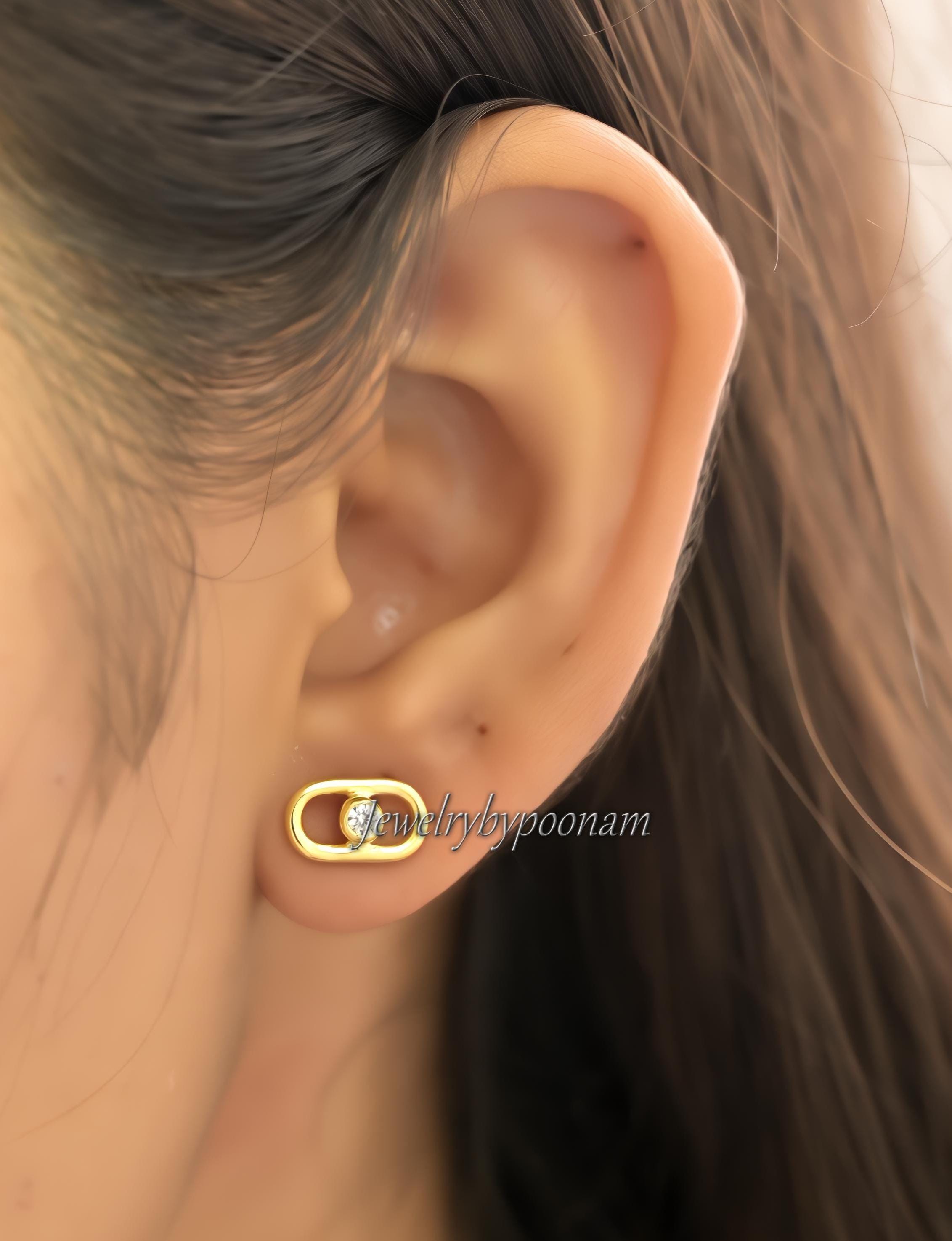 925 Sterling Silver Paperclip Stud Earrings With CZ: Dainty Diamond Accent - View 2 - Jewelry By Poonam | SKU: PJE1864-SLYGCZ