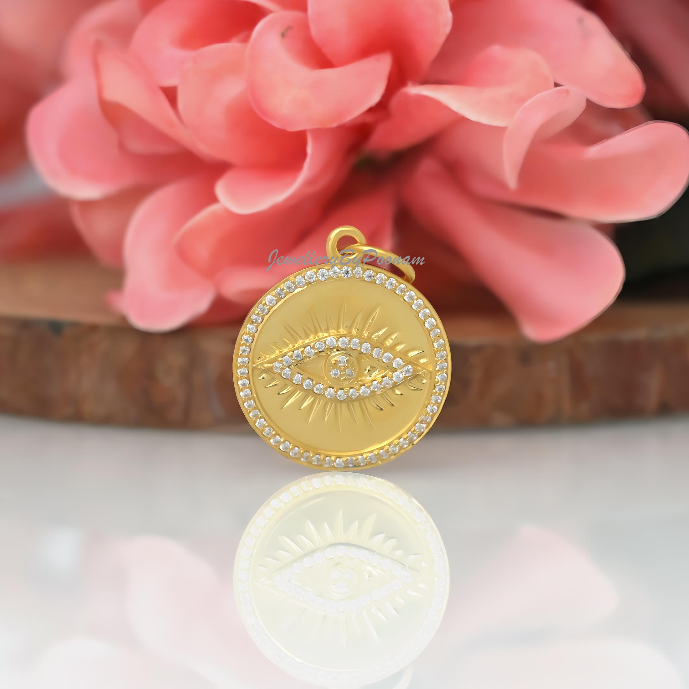 Diamond Evil Eye Pendant: 925 Sterling Silver Charm, 14k Gold Detail - View 3 - Jewelry By Poonam | SKU: PJP4836-SLYGMN-30M 2
