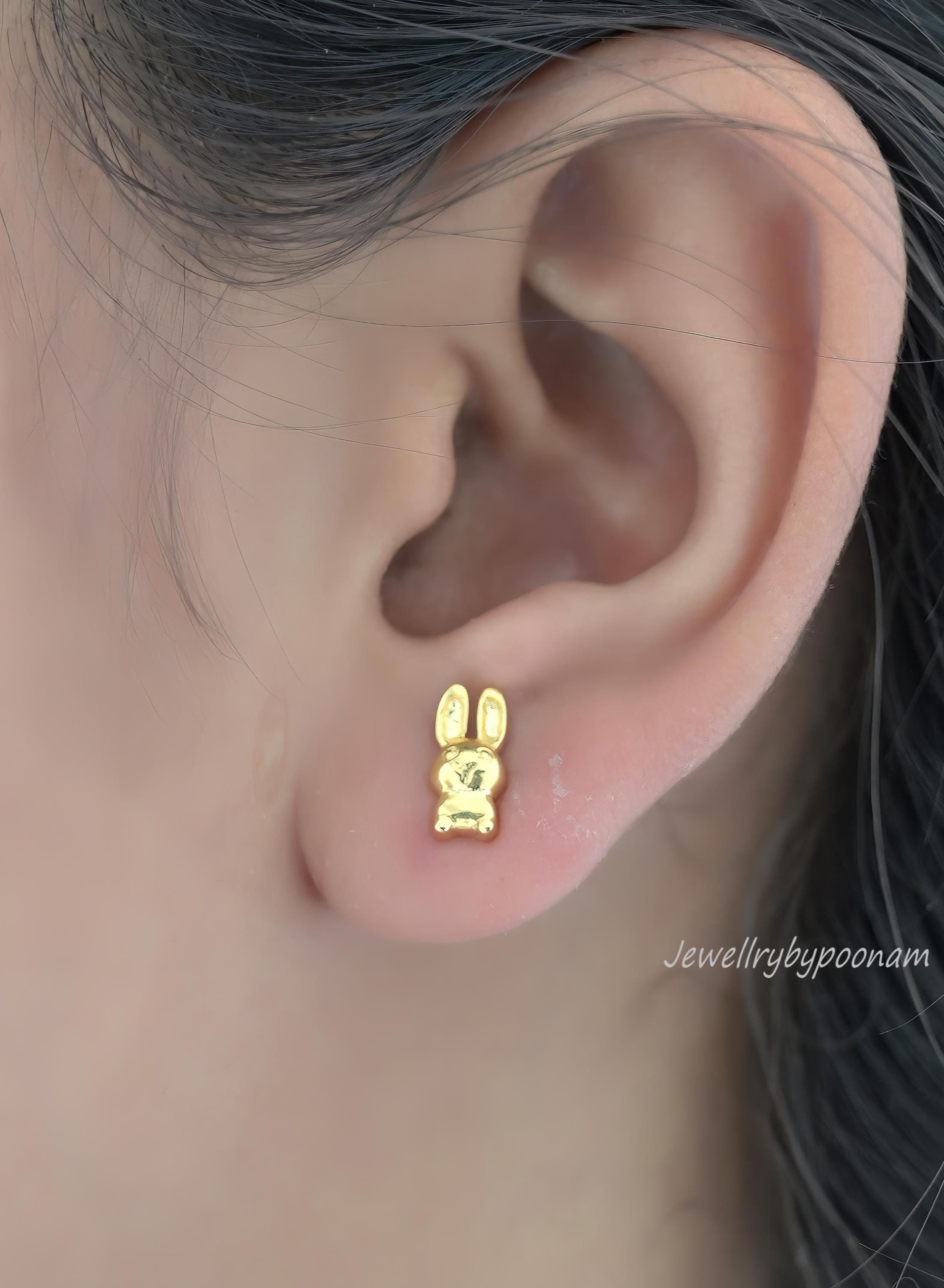 9k/14k Gold & 925 Sterling Silver Bunny Stud Earrings — Tiny Rabbit Jewelry - View 2 - Jewelry By Poonam | SKU: PJE1710-SLYG-