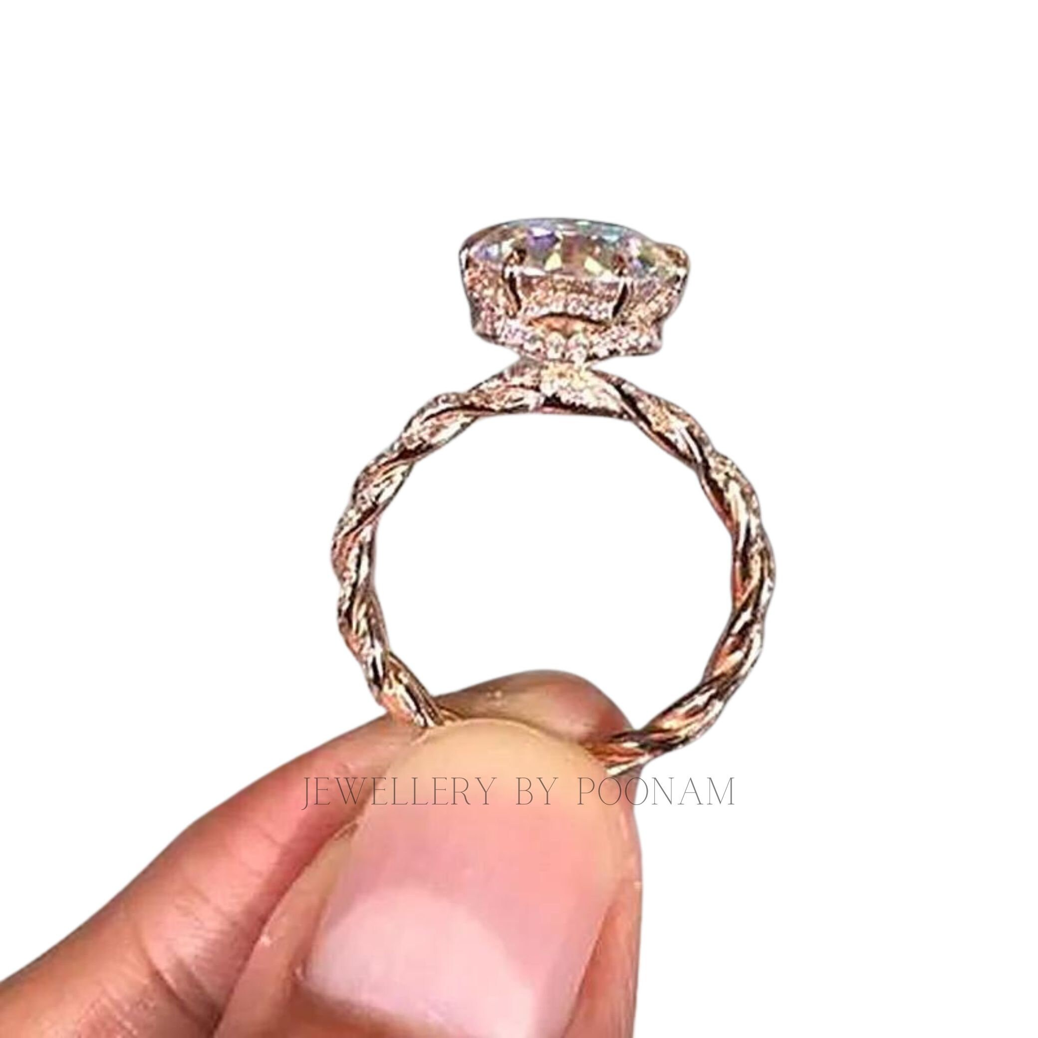 Rose Gold Twist Hidden Halo Round Cut Engagement Ring | Sterling Silver - View 4 - Jewelry By Poonam | SKU: R-1188