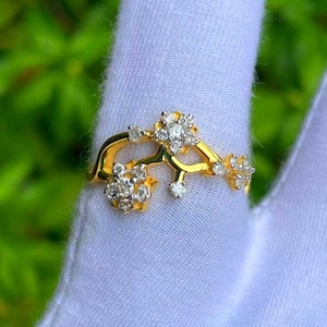 Natural Gold Diamond Ring, 10k Solid, White Diamond Ring, Unique Design Ring, Handmade Ring, Wedding Ring, Anniversary Ring, Gift for Her.