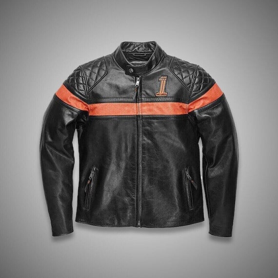 Men s Harley Davidson Classic Cruiser 98118 08VM Black and Orange Motorbike Bomber Dual Vent Handmade Cowhide Leather Jacket Gift for Him Etsy Canada