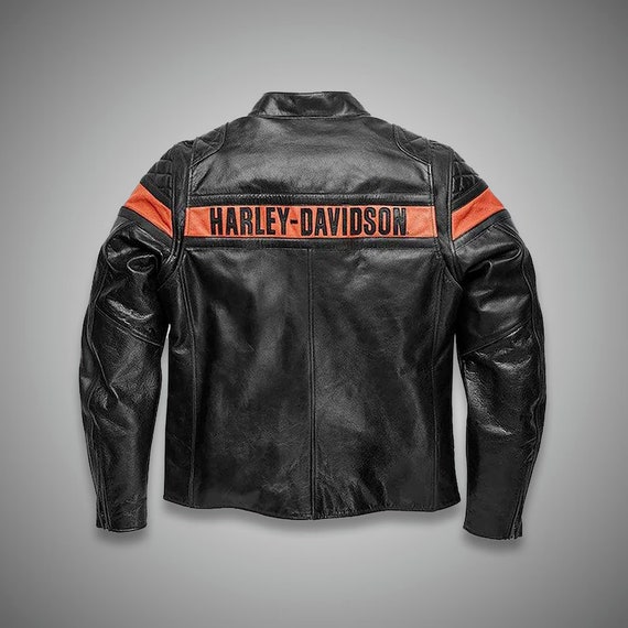 Harley davidson orange and black leather jacket deals