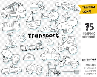 Digitale transportstempel, 75 elementen, Transport Doodles, Transportzegels, Zwart-wit afbeeldingen, Leuke voertuigenpostzegels, JPG, PNG, EPS