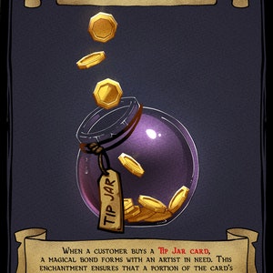 Op de afbeelding: Een paarse glazen pot met een gouden label waarop "Tip Jar" staat en gouden munten die erin vallen. De pot staat op een donkere achtergrond met een banner waarop "Tip Jar" staat.