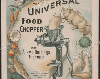 1900 Vintage Food Advertisement,  Foodstuffs Illustration Poster ,  Food Chopper Ad, Retro home kitchen appliance, Victorian food portrait