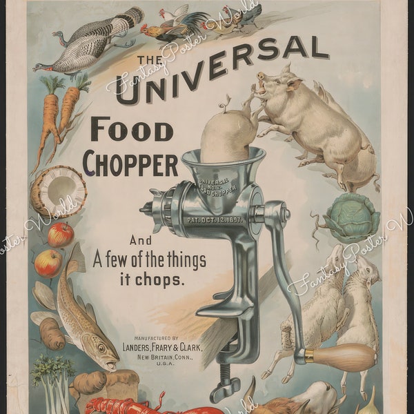 1900 Vintage Food Advertisement,  Foodstuffs Illustration Poster ,  Food Chopper Ad, Retro home kitchen appliance, Victorian food portrait