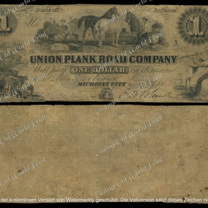 Soldi d'epoca DIGITALE One Dollar Bank Indiana, valuta retrò anni 1800 Ephemera, banconote antiche stampabili, vecchie banconote di carta clipart