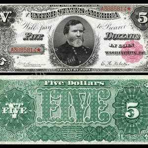 Druckbare Antike Banknoten 1890 "5 Dollar" Banknote DIGITAL, altes Papiergeld, Junk Journal Ephemera Decor Print, USA Antikes Geld