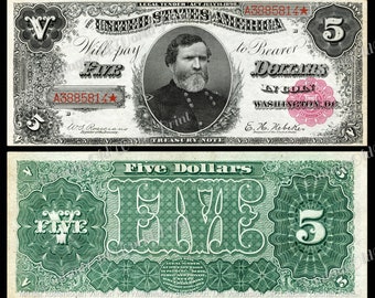 Printable Antique Banknotes 1890 &quot;Five Dollar&quot; Bank Note DIGITAL, Old Paper Money, Junk Journal Ephemera Decor Print, USA Antique money
