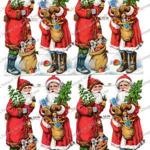 May include: Four vintage illustrations of Santa Claus holding a sack of toys, a Christmas tree, and a gift box. The illustrations are in red, white, and blue colors.