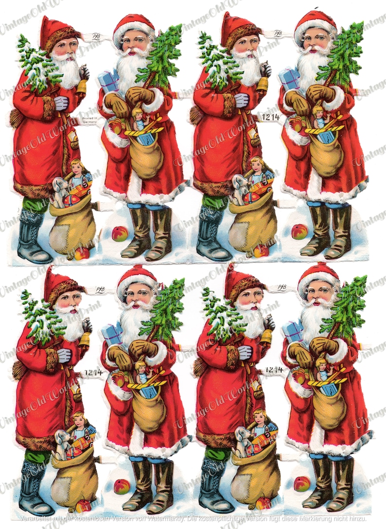May include: Four vintage illustrations of Santa Claus holding a sack of toys, a Christmas tree, and a gift box. The illustrations are in red, white, and blue colors.
